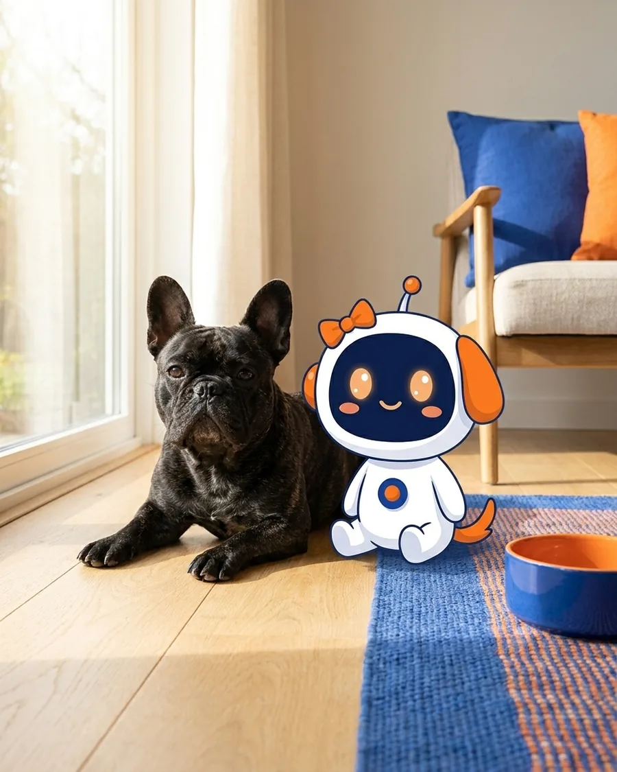 A brindle French bulldog resting by a sunny window next to Vet, the Puptide robot helper