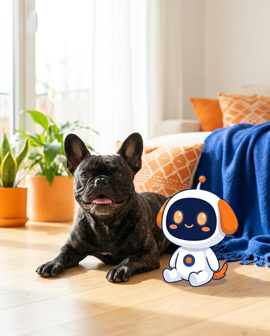A smiling brindle French bulldog next to Vet, the Puptide robot helper